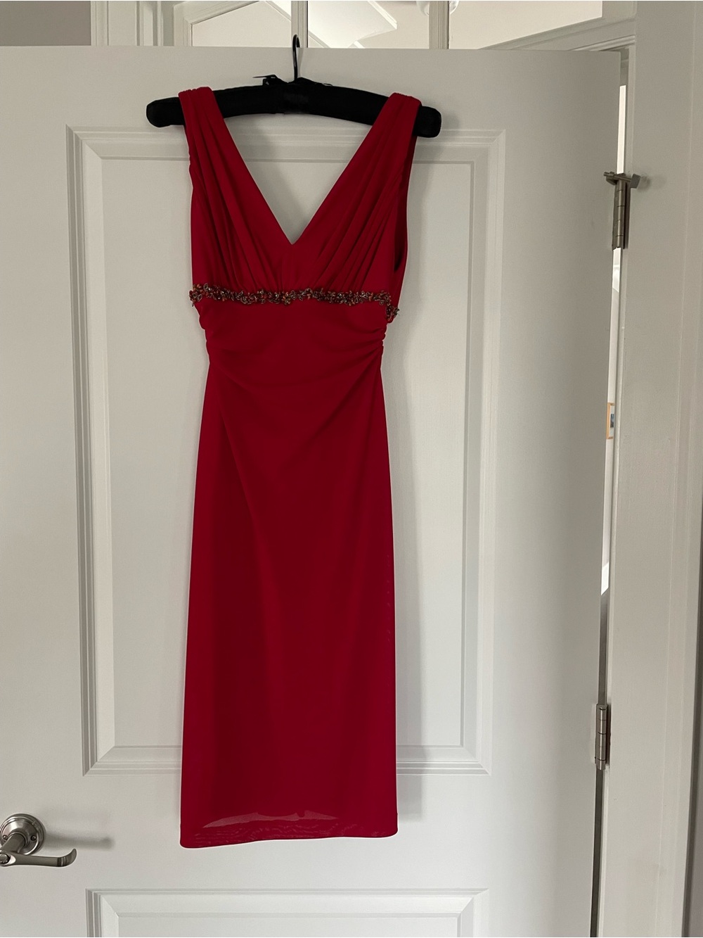 David Meister Crimson Red V-Neck Midi Dress with Beaded Waist
